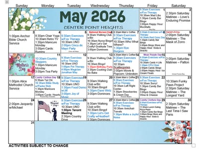 Monthly activity schedule for Center Point Heights