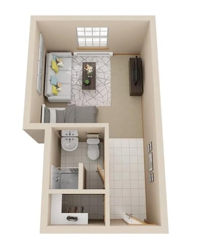 Architectural floor plan of a small living unit.