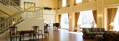 Bright interior common area with seating