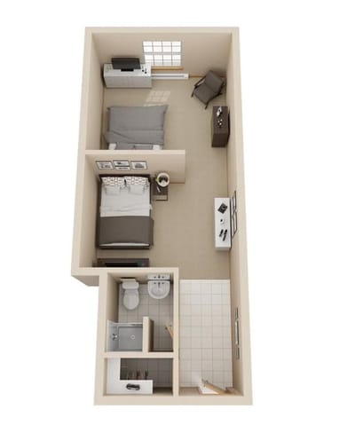 Floor plan of a resident's room layout.