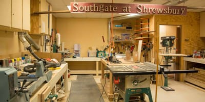 Interior workshop space with woodworking equipment