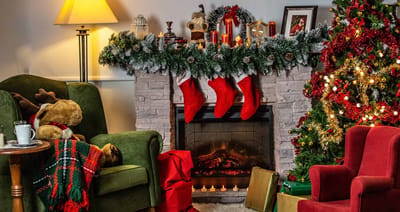 Cozy holiday interior with stockings and decorations