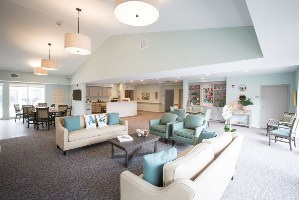 Stylish common area with seating and natural light.