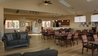 Interior of a common area with tables and seating