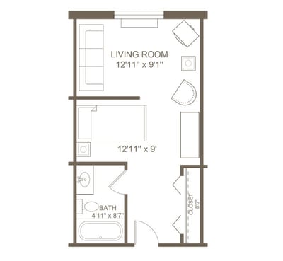 Architectural floor plan of a living room and bath.