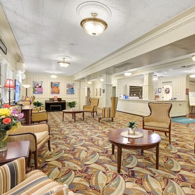 Common area with seating and reception desk.