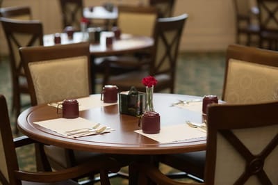 Dining room table set for a meal