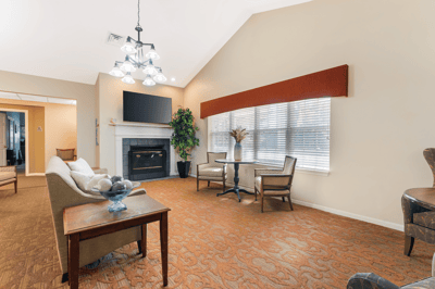 Cozy common area with seating and a fireplace.