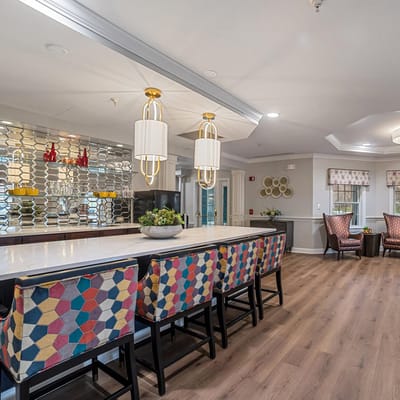 Common area with colorful seating and decor.