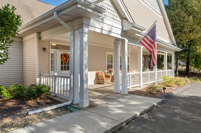 Front porch of the facility with American flag