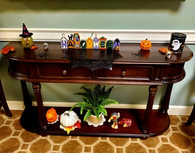 Decorative fall-themed display on a table.