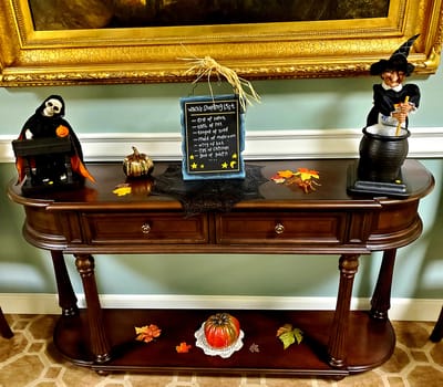 Decorative console table with Halloween decorations
