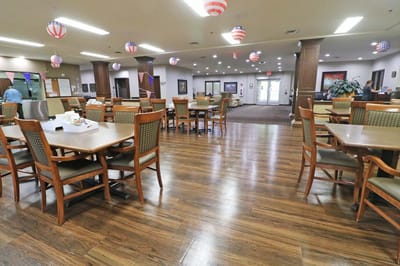Dining area with tables and patriotic decorations
