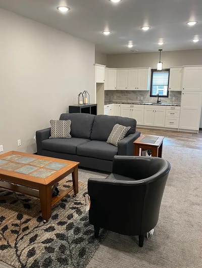 Cozy common area with seating and kitchen