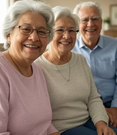 Three smiling seniors in a common area