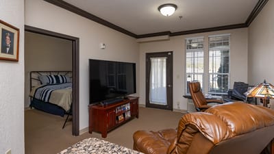 Cozy living area in a resident's room.