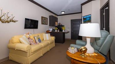 Cozy living area in a resident's room
