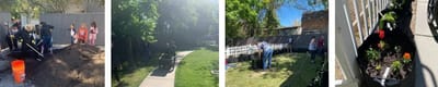 Residents and staff gardening together outdoors.
