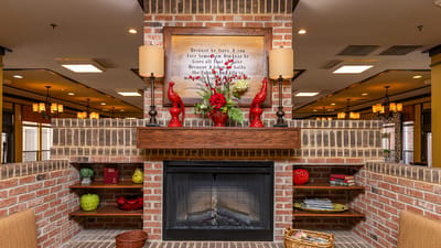 Cozy common area with a fireplace and decor