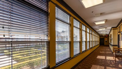 Bright interior hallway with windows and blinds.