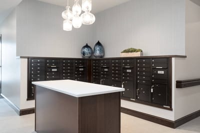 Mailboxes in a modern lobby area