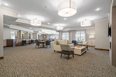 Spacious common area with seating and lighting