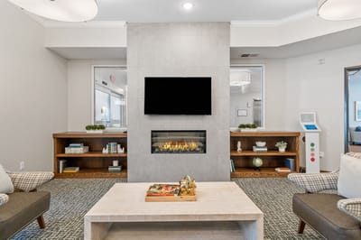 Cozy lounge area with modern decor and fireplace