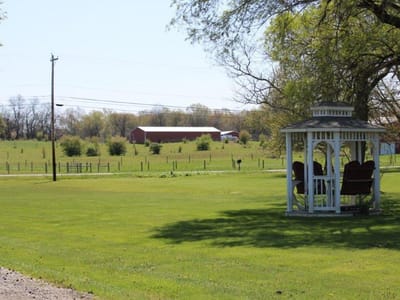 A gazebo on the lawn with people relaxing.