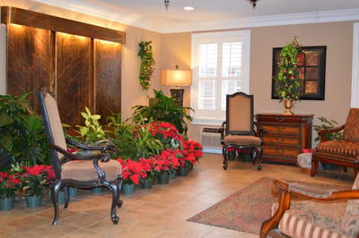 Interior seating area with plants and holiday decor
