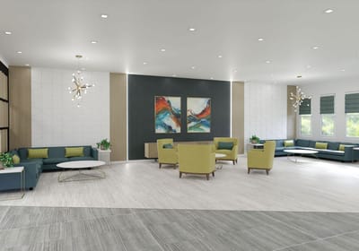 Bright, modern common area with seating and decor