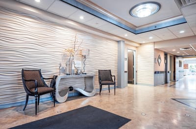 Interior view of a welcoming lobby area with artistic decor