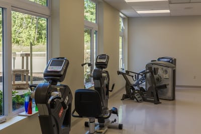 Viewing area of a fitness room with exercise equipment