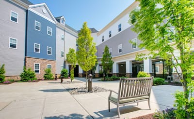 Courtyard view with trees and seating area