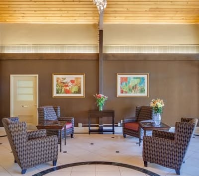 Interior common area with seating and floral decorations