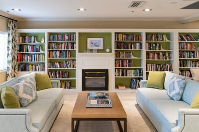 Cozy common area with bookshelves and sofas