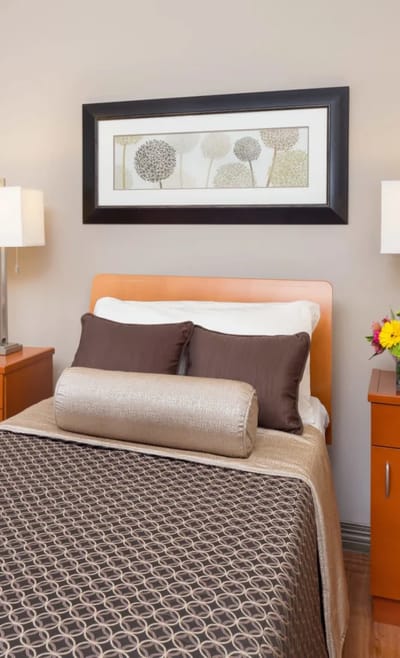 Cozy bedroom setup with decorative pillows and artwork