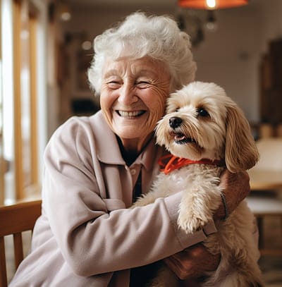 Elderly woman smiling with a dog
