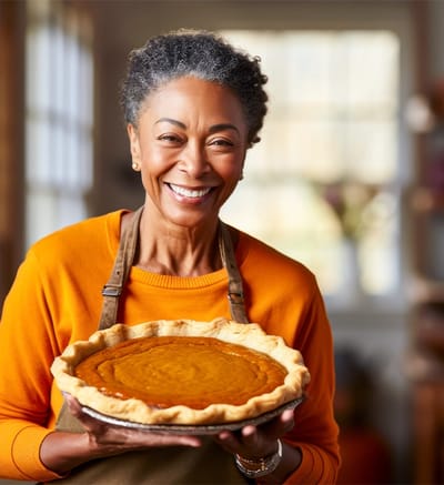 Smiling woman holding a pumpkin pie in a kitchen