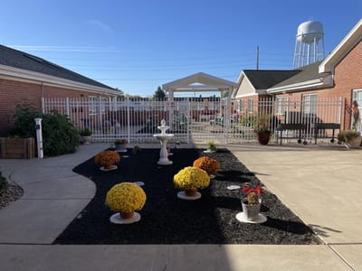 Outdoor garden area with flowers and fountain