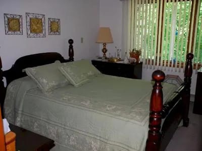 Cozy bedroom with a green bedspread and decor