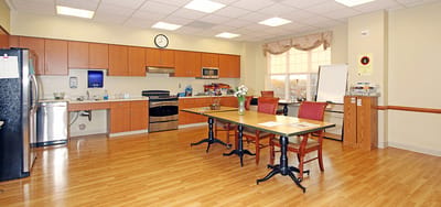 Bright, welcoming common area with kitchen facilities