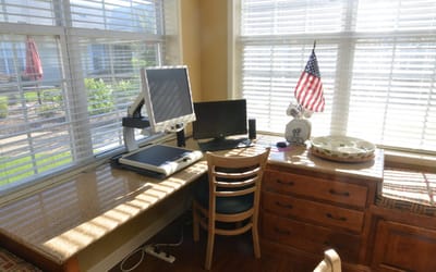 Workspace with computer and American flag.