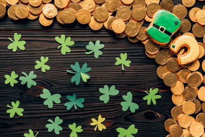 Colorful decorations with gold coins and clovers