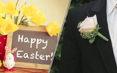Easter decorations with flowers and a chalkboard