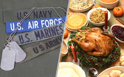 Military dog tags and Thanksgiving dinner spread
