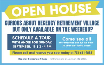 Event announcement for open house at Regency Retirement Village.