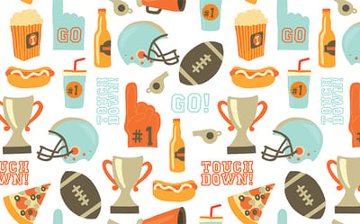 Colorful sports-themed pattern with various items.