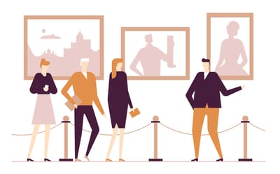 Stylized illustration of people at an art gallery.