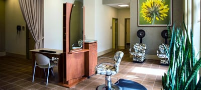 Interior view of a salon area with seating