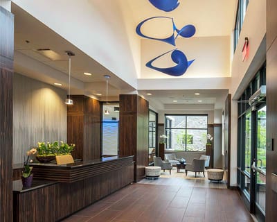 Modern lobby with seating and decorative elements